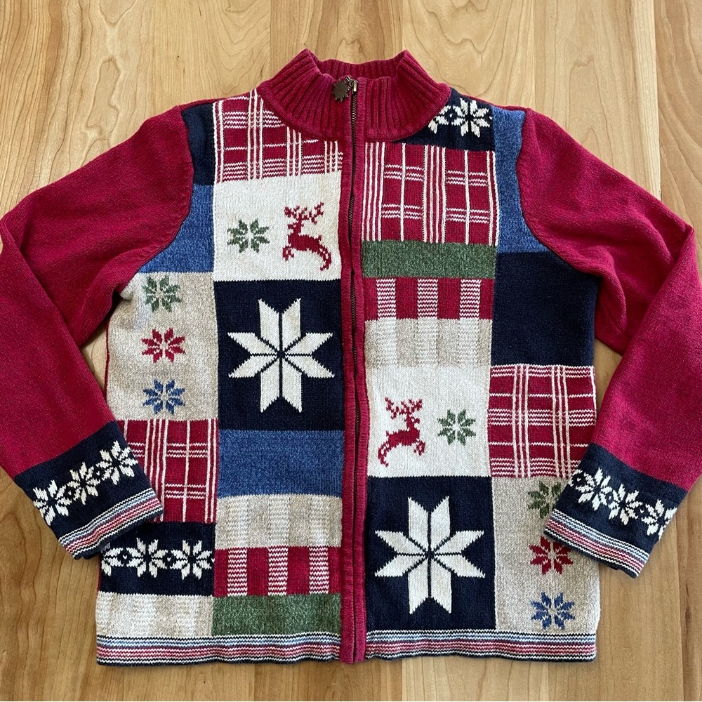 Christopher And Banks Christmas Snowflake Holiday Patchwork Zip Up Sweater Sz M